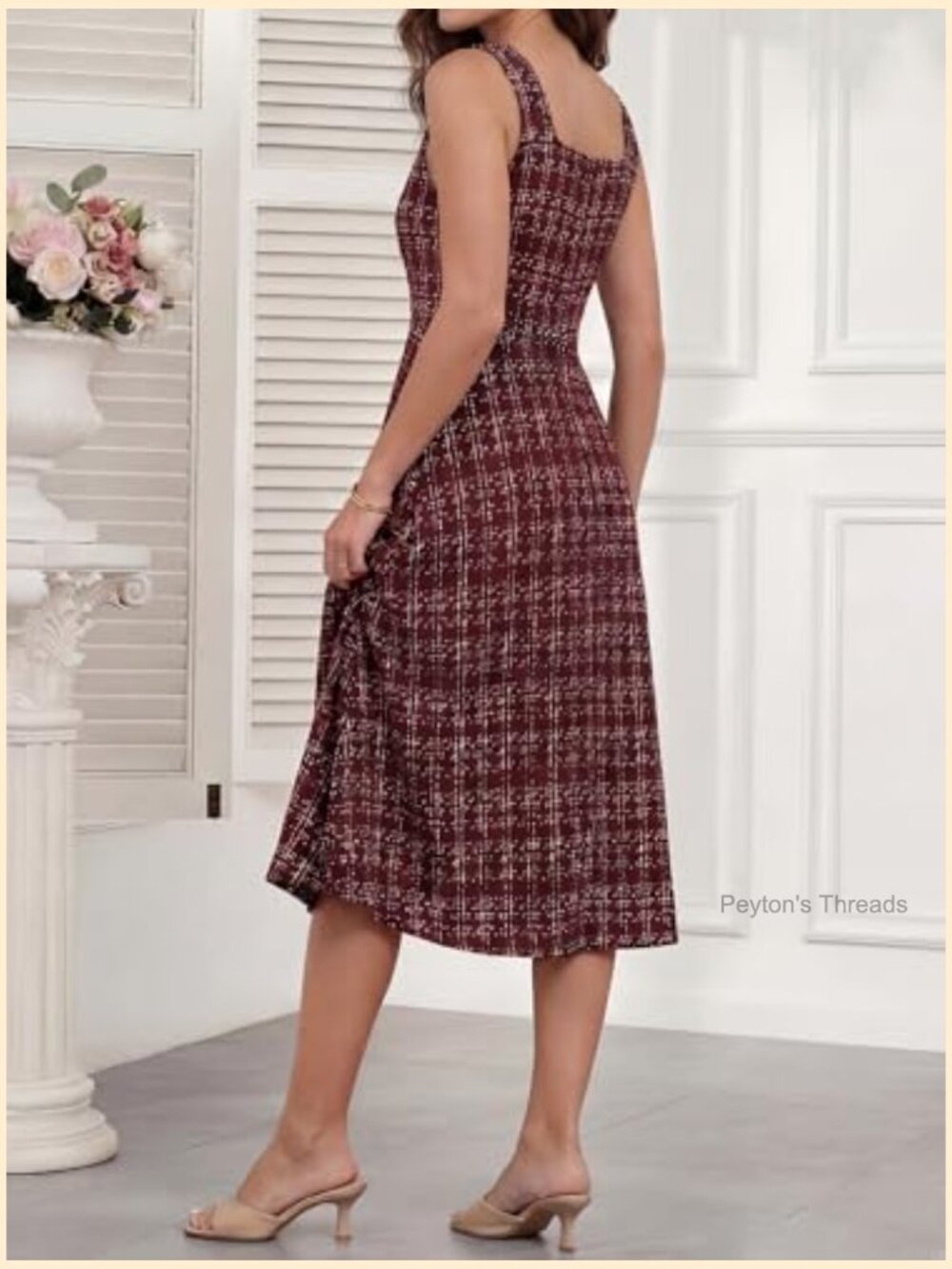 Sleeveless Midi Gingham Dress Square Neck A-Line Flowy Cottagecore - Picture 5 of 7
